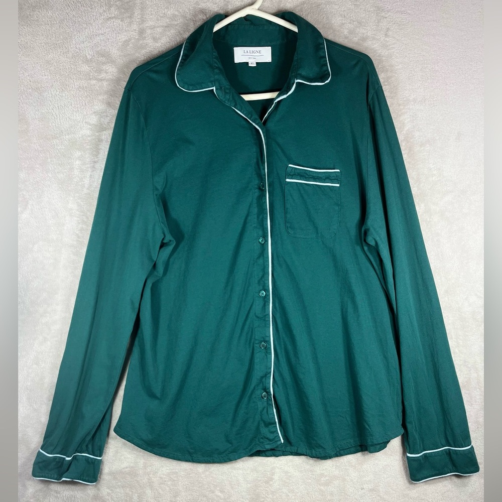 La Ligne Dark Teal Long-Sleeve Pajama Top with White Piping